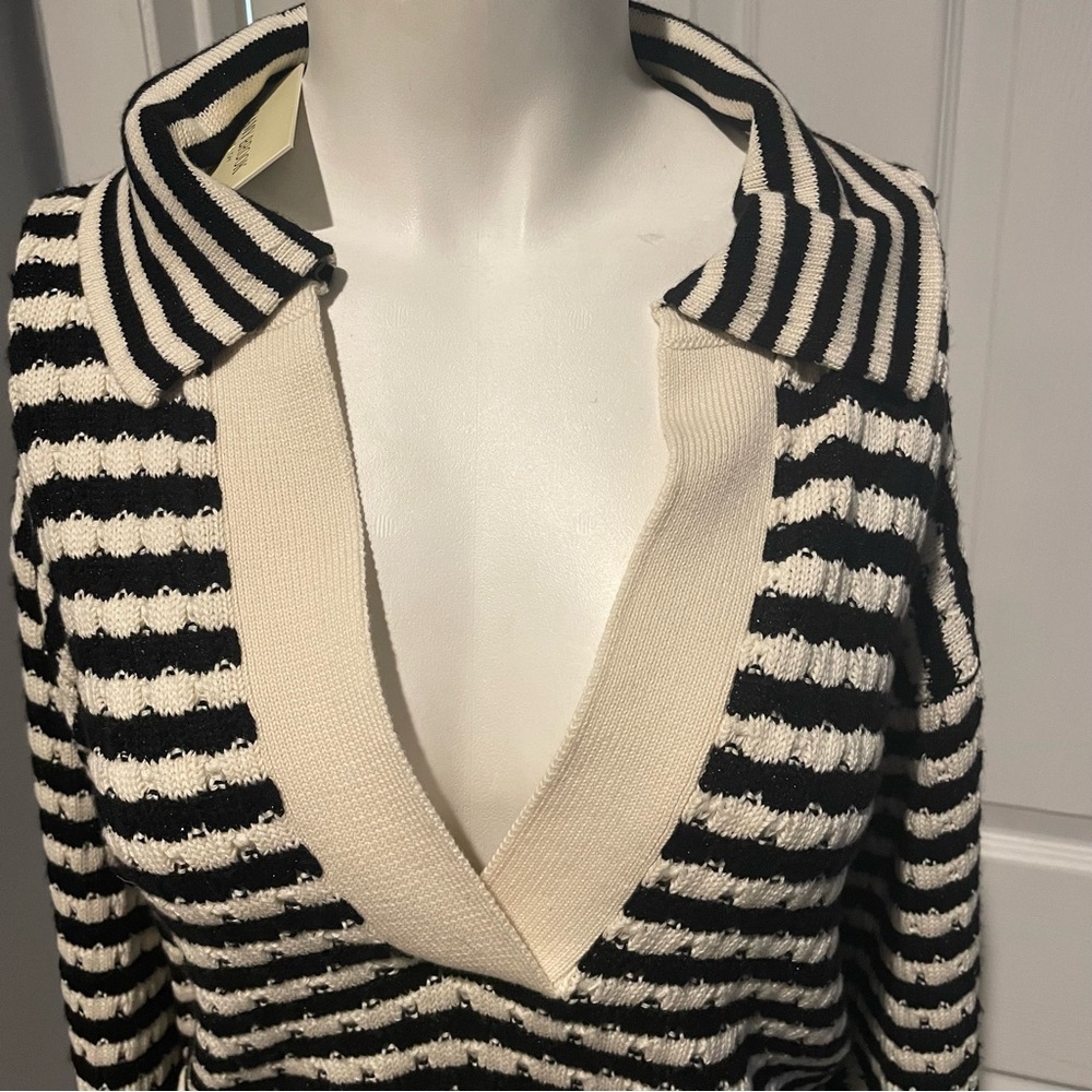 Ramy Brook Black and Cream Striped V-Neck Sweater S/Large - Picture 3 of 6